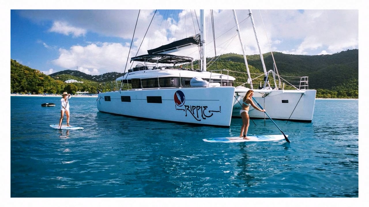 Ripple catamaran anchored in turquoise waters with guests on paddleboards