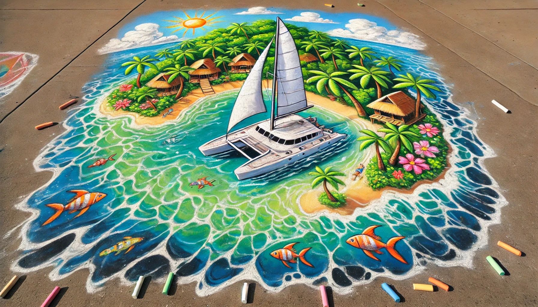 Chalk art illustration of Ripple catamaran in tropical island paradise