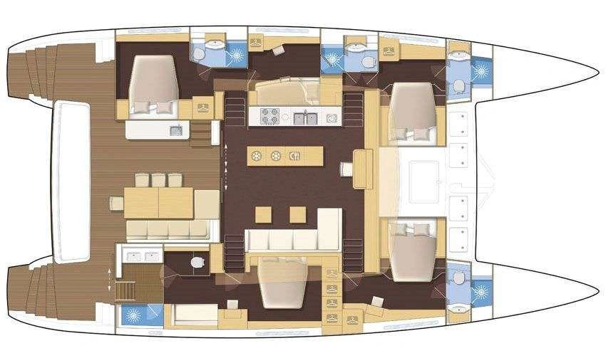 Ripple Lagoon 620 catamaran floor plan showing four cabins and main salon